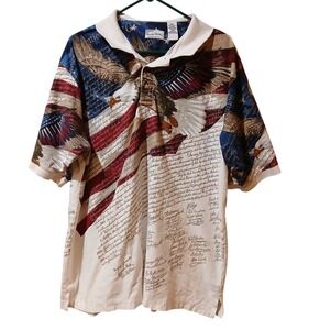 Vtg American Summer Mens XXL Patriotic Eagle All Over Print Polo Flag Novelty